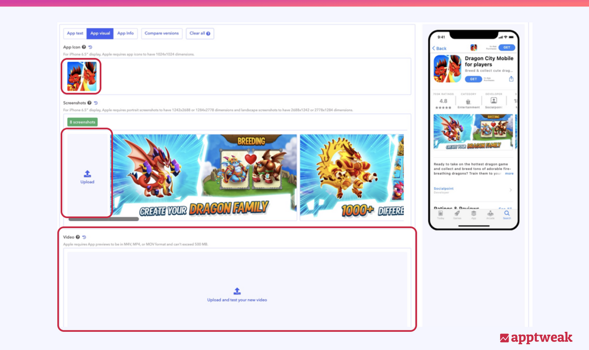 Upload new creatives and visualize them with the App Page Preview or Store Listing Preview
